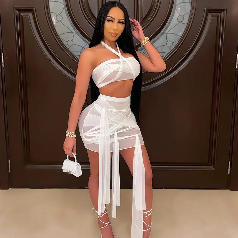 2021 Sexy Mesh Sheer Two Piece Set Summer Clothes for Women Ribbons Crop Top and Mini Skirt Suits Vacation Club Outfits Sets, Customized color
2021 Sexy Mesh Sheer Two Piece Set Summer Clothes for Women Ribbons Crop Top and Mini Skirt Suits Vacation Club Outfits Sets, Customized color