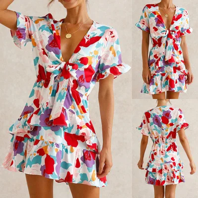2021 Short Sleeve Colorful Print V-neck Mini Dress Summer Women Fashion Streetwear Party Elegant Dress Ruffles Dress Vestidos
2021 Short Sleeve Colorful Print V-neck Mini Dress Summer Women Fashion Streetwear Party Elegant Dress Ruffles Dress Vestidos