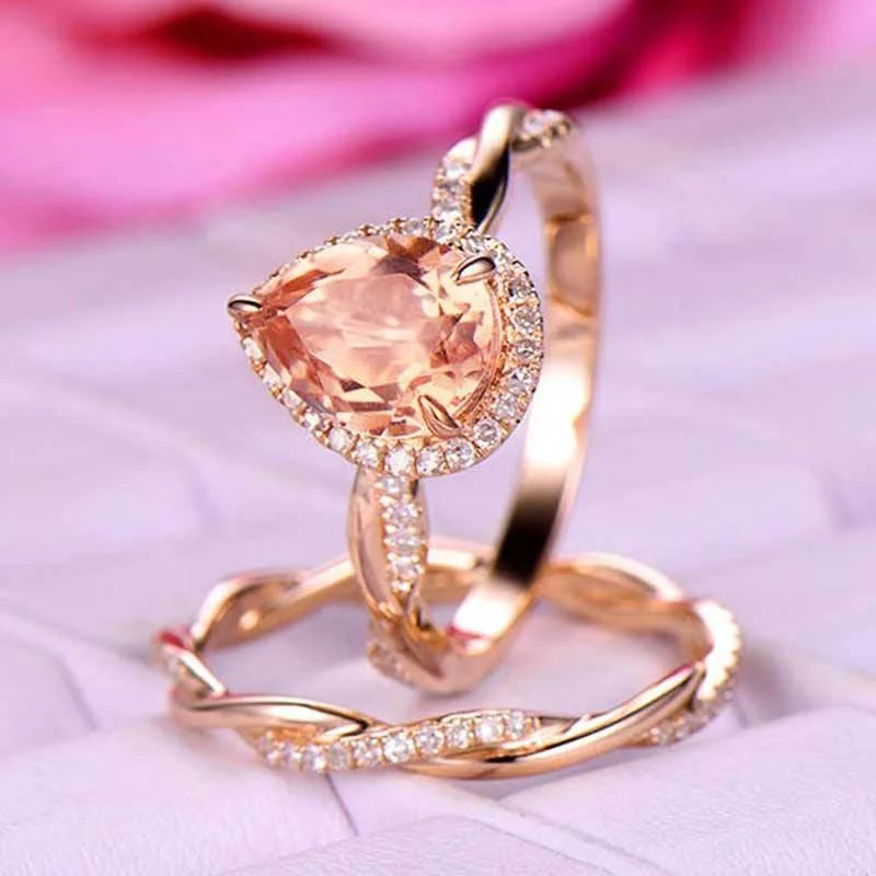 Fashion Female Water Drop Zircon Ring Set Creative Rose Gold Color Cross Wedding Ring Unique Style Champagne Stone Love Ring
Fashion Female Water Drop Zircon Ring Set Creative Rose Gold Color Cross Wedding Ring Unique Style Champagne Stone Love Ring