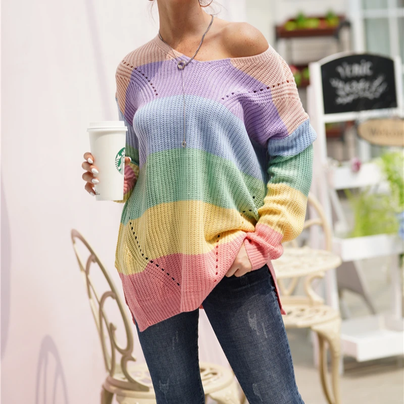 New V-neck women's long pullover knitted sweater streetwear striped loose large size rainbow sweaters women
New V-neck women's long pullover knitted sweater streetwear striped loose large size rainbow sweaters women