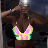 T1733920 Hot sales Ins fashion women light reflective V-neck sexy crop top for night club
T1733920 Hot sales Ins fashion women light reflective V-neck sexy crop top for night club