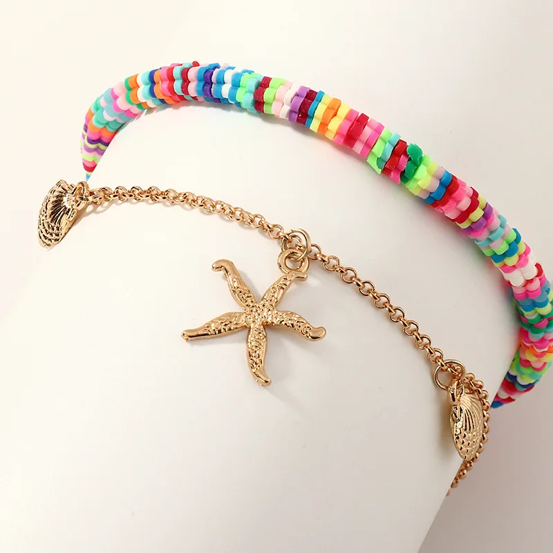 

New Arrival Colorful Boho Starfish Pendant Foot Jewelry Accessories Anklet Beach Multi-layer Shell Anklets Jewelry For Girls, As the picture shows
