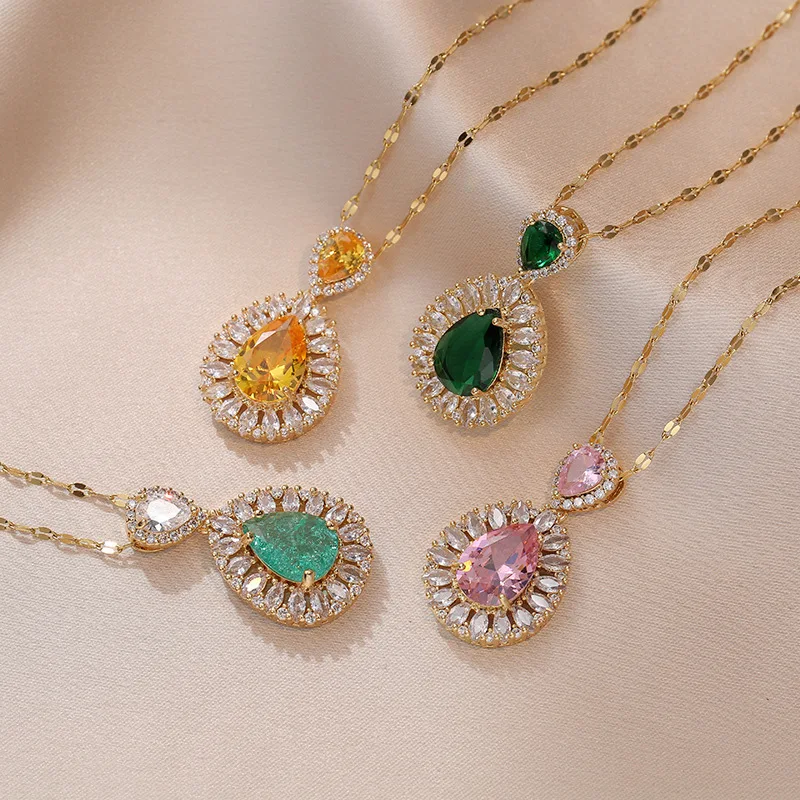 Vintage Colorful Crystal Water Drop Pendant Titanium Steel Chain Necklace For Women 2023
Vintage Colorful Crystal Water Drop Pendant Titanium Steel Chain Necklace For Women 2023