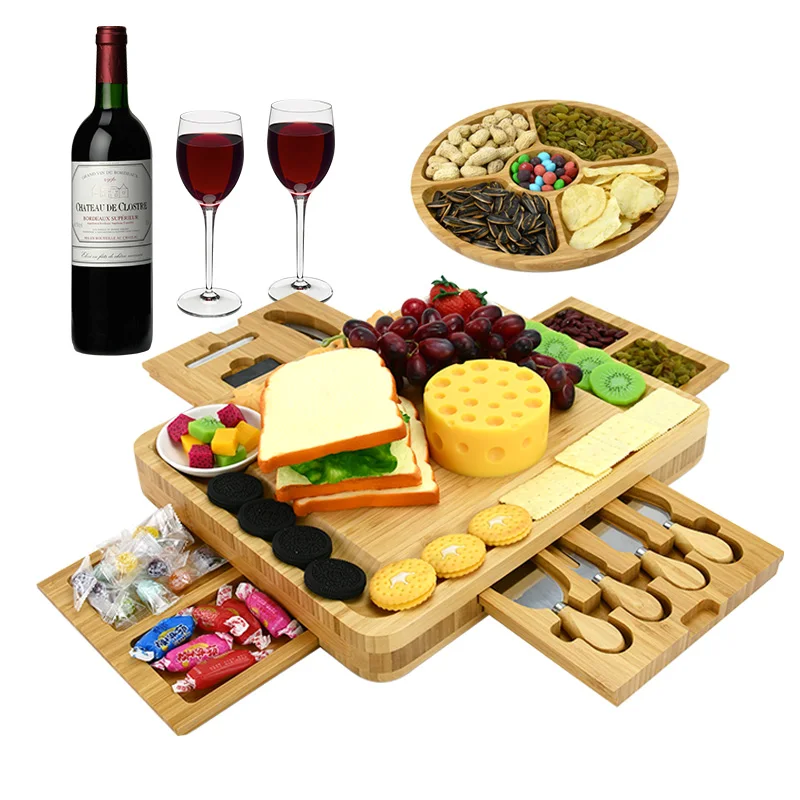 

Large Bamboo Cheese Cutting Board And Knife Set: 16 x 13 x 2 Inch Wood Charcuterie Platter For Wine Cheese Meat