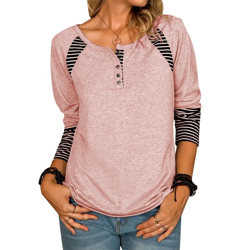 Wholesale Women Striped Print Stitch Long-Sleeve Button T-Shirt, 6 colors 
Wholesale Women Striped Print Stitch Long-Sleeve Button T-Shirt, 6 colors