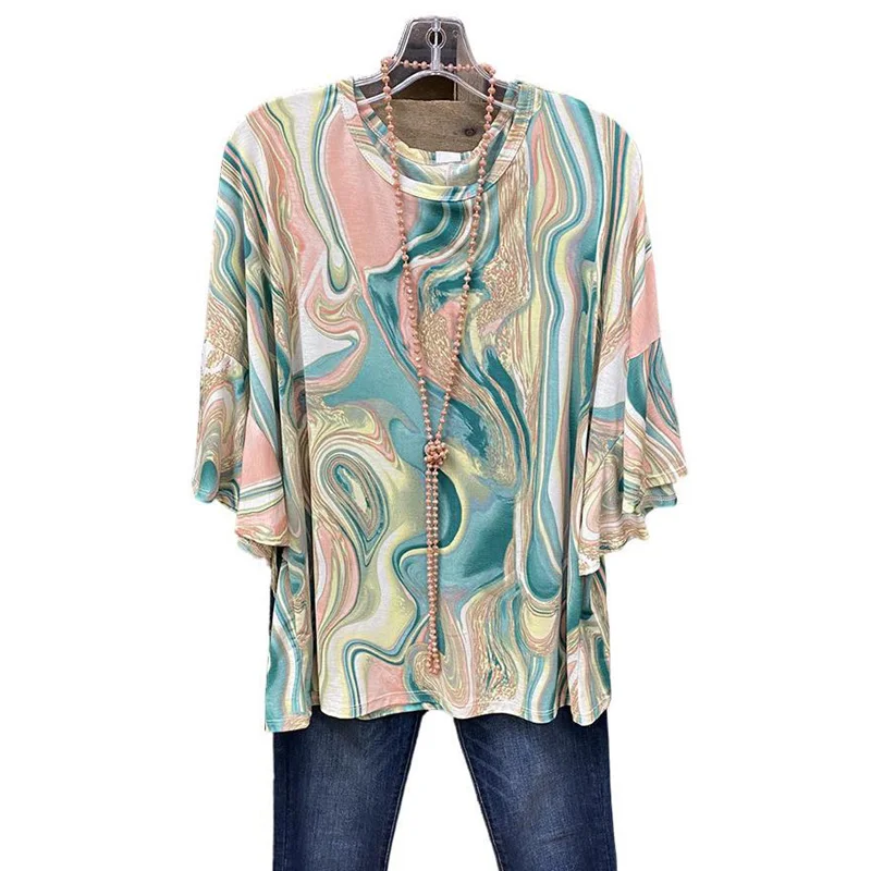 Hot Sales Printed Three Quarter Flare Sleeve Women Blouses tops clothes Splice Casual Ladies Top
Hot Sales Printed Three Quarter Flare Sleeve Women Blouses tops clothes Splice Casual Ladies Top
