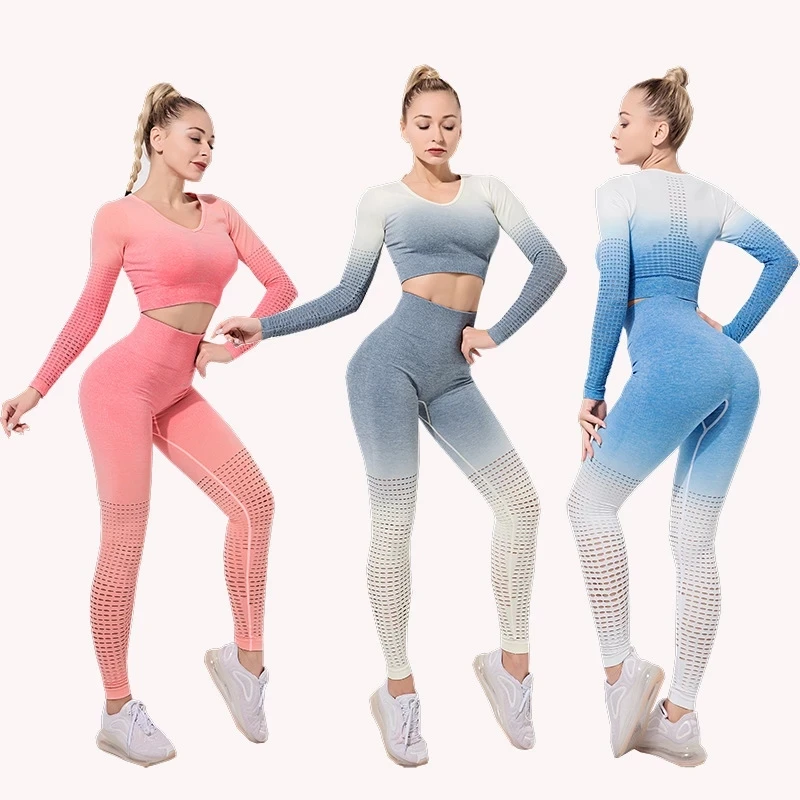 Gradient yoga set women sportswear seamless long sleeve top pant two piece mesh workout set, 6color in stock
Gradient yoga set women sportswear seamless long sleeve top pant two piece mesh workout set, 6color in stock