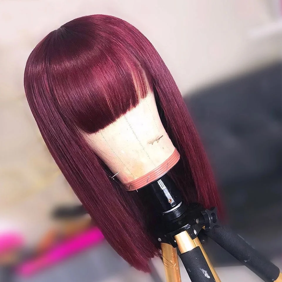 

150% Density 99J Red Burgundy Short Bob Wigs with Bang Virgin Cuticle Aligned Human Hair Lace Front Wig