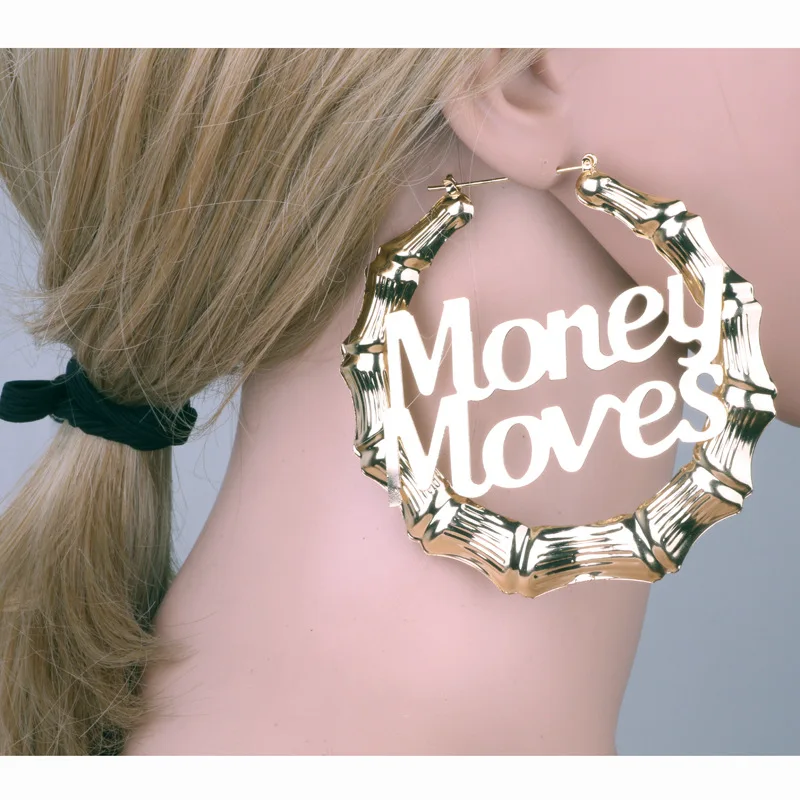 wholesale name hoop earring alphabet letter word MONEY MOVES gold large hoop earring custom name bamboo earrings