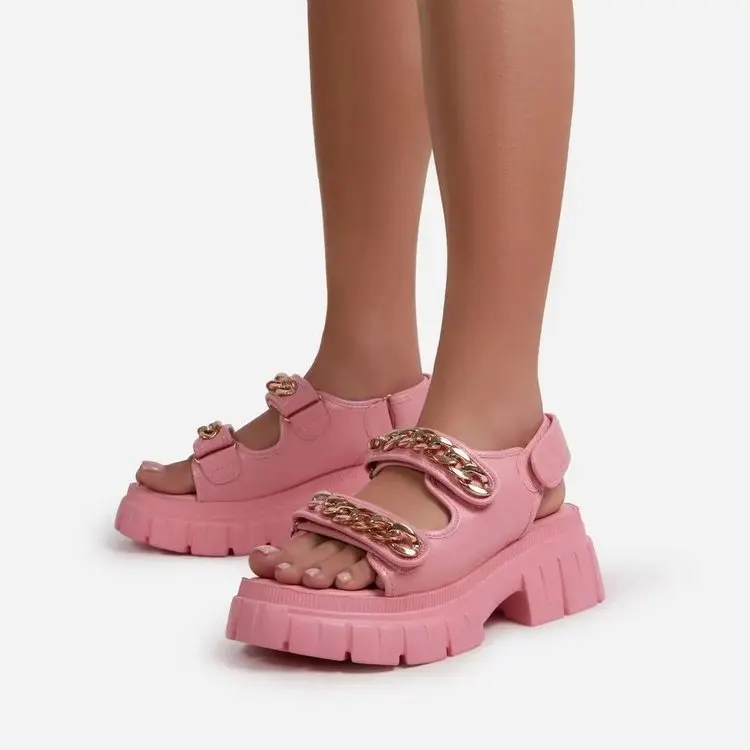 Fashion summer double strap platform sandals high heel leather gold chains soft designer flat sandal for women, As picture show or customized
Fashion summer double strap platform sandals high heel leather gold chains soft designer flat sandal for women, As picture show or customized