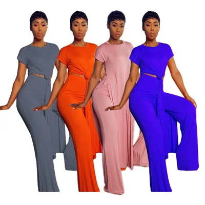 XT887 solid color casual short sleeved trousers loose slit round neck solid color flared pants 2 piece set woman 2020
XT887 solid color casual short sleeved trousers loose slit round neck solid color flared pants 2 piece set woman 2020