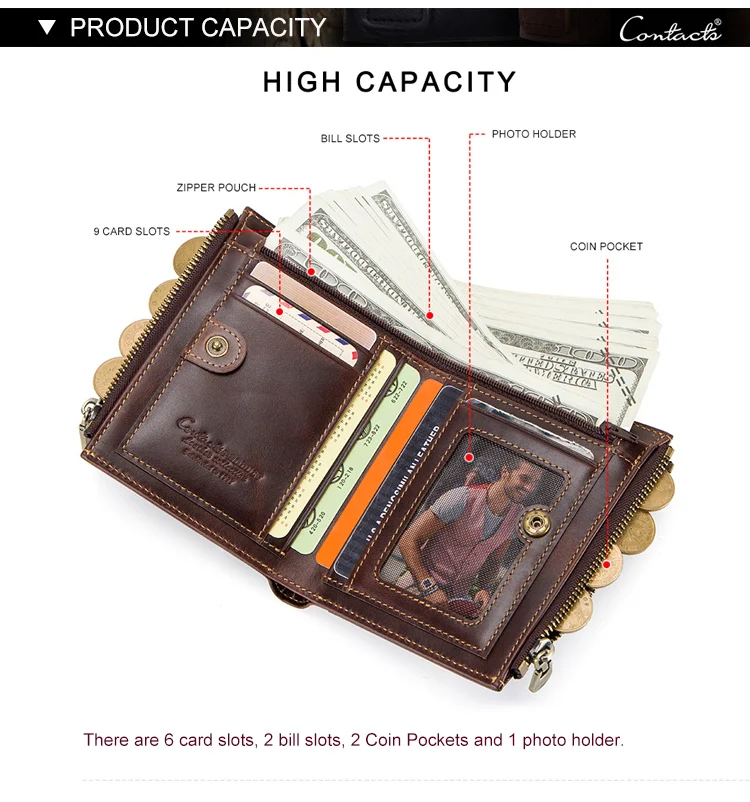 Contact's Genuine Leather Vintage Wallet for Men RFID Blocking Bifold with 2 Zipper Coin Pockets