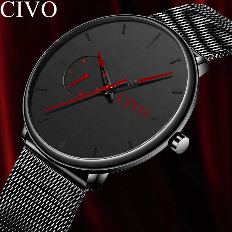 CIVO Black Stainless Mesh Band Ultra Thin Watches Men Classic Quartz Watches Luxury Week Display Wristwatch Relogio Masculino
CIVO Black Stainless Mesh Band Ultra Thin Watches Men Classic Quartz Watches Luxury Week Display Wristwatch Relogio Masculino