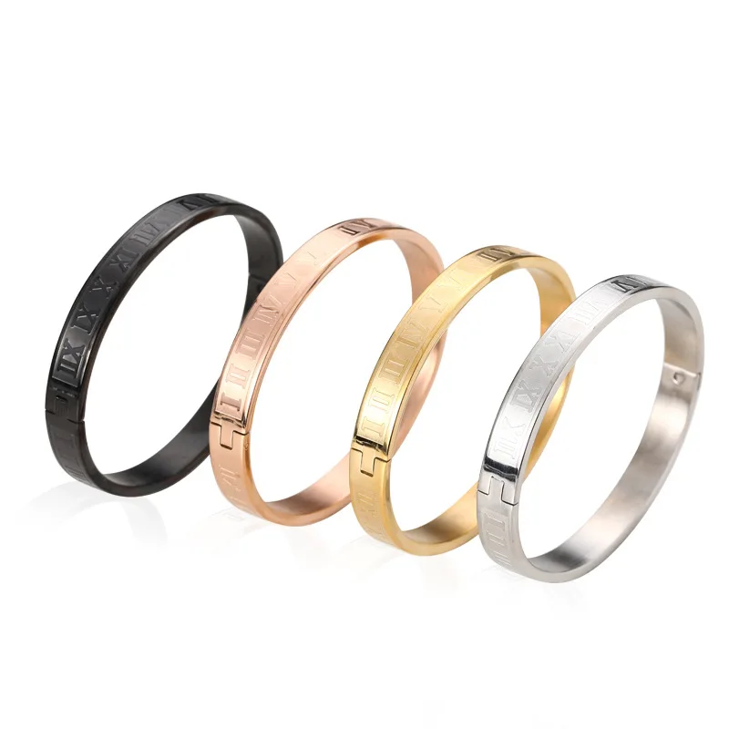 

Fashion Jewelry Stainless Steel Roman Numbers Engraved Bangle for Women Men Couple Bracelet, 4 colors