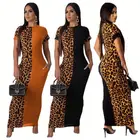 A080297 new fashion short sleeve leopard contrast color patchwork woman casual fashionable maxi dress