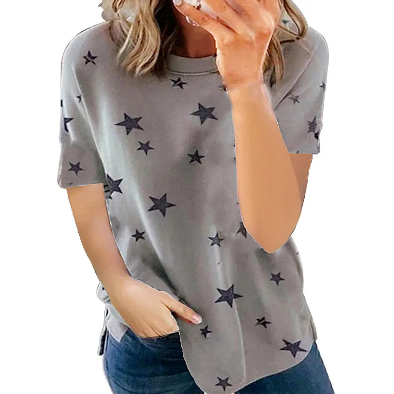 Summer Amazon European and American hot-selling star short-sleeved print stitching fashion plus size blouse 
Summer Amazon European and American hot-selling star short-sleeved print stitching fashion plus size blouse
