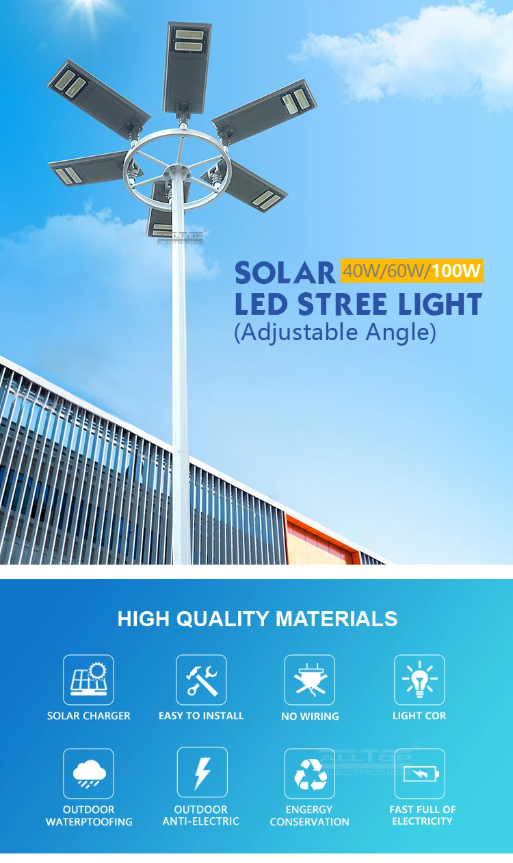 Factory price energy saving 40w 60w 100w outdoor ip65 waterproof built in battery all in one solar led street light