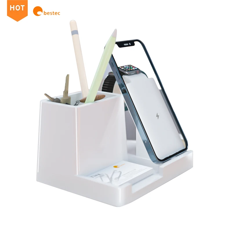 

Amazon hot selling pen holder Cellphone Qi Wireless Charger Portable 3 in 1 Charging Station For iPhone Earbuds Air Pod