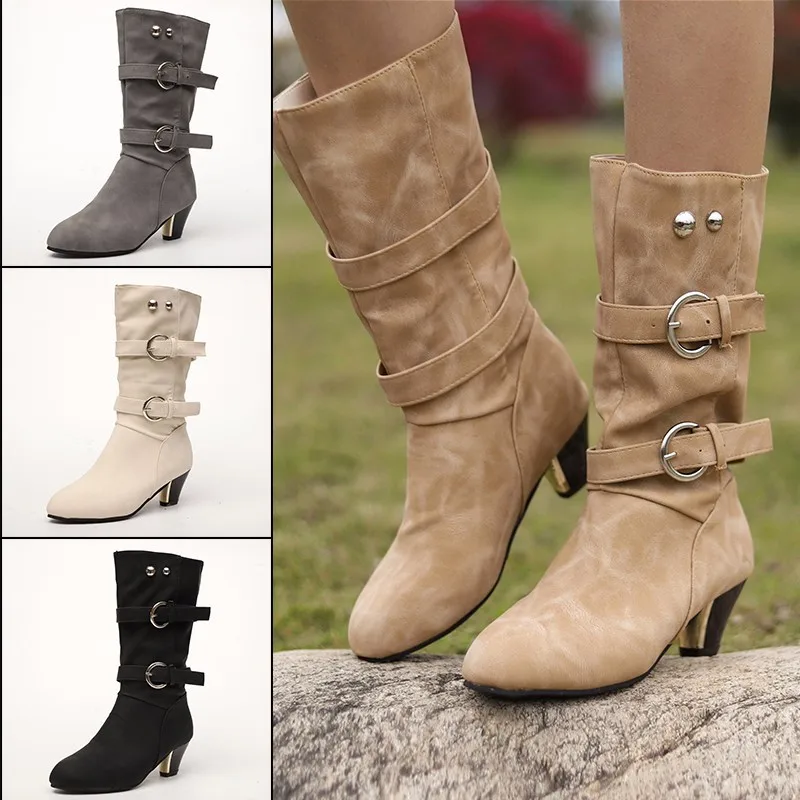 Dropshipping Winter Ladies Calf Boots Solid Color Pointed Thick Heel Belt Buckle Rivet Women Retro Boots 2021
Dropshipping Winter Ladies Calf Boots Solid Color Pointed Thick Heel Belt Buckle Rivet Women Retro Boots 2021