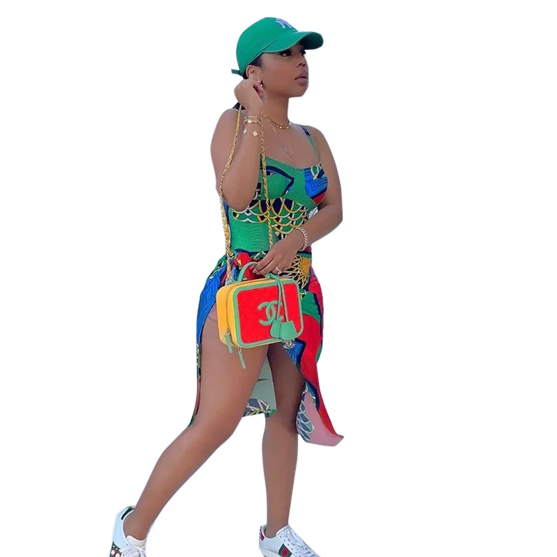 Cashual Dress For Women Multicolor Print Sleeveless Sling Low Neck Backless High Slit Knee Length Strap Womes Dresses Women Sexy
Cashual Dress For Women Multicolor Print Sleeveless Sling Low Neck Backless High Slit Knee Length Strap Womes Dresses Women Sexy