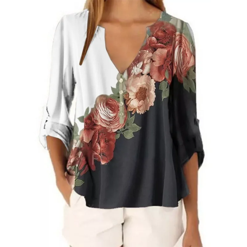 2021 autumn and winter new women's V-neck floral print shirt top chiffon shirt, As pic
2021 autumn and winter new women's V-neck floral print shirt top chiffon shirt, As pic