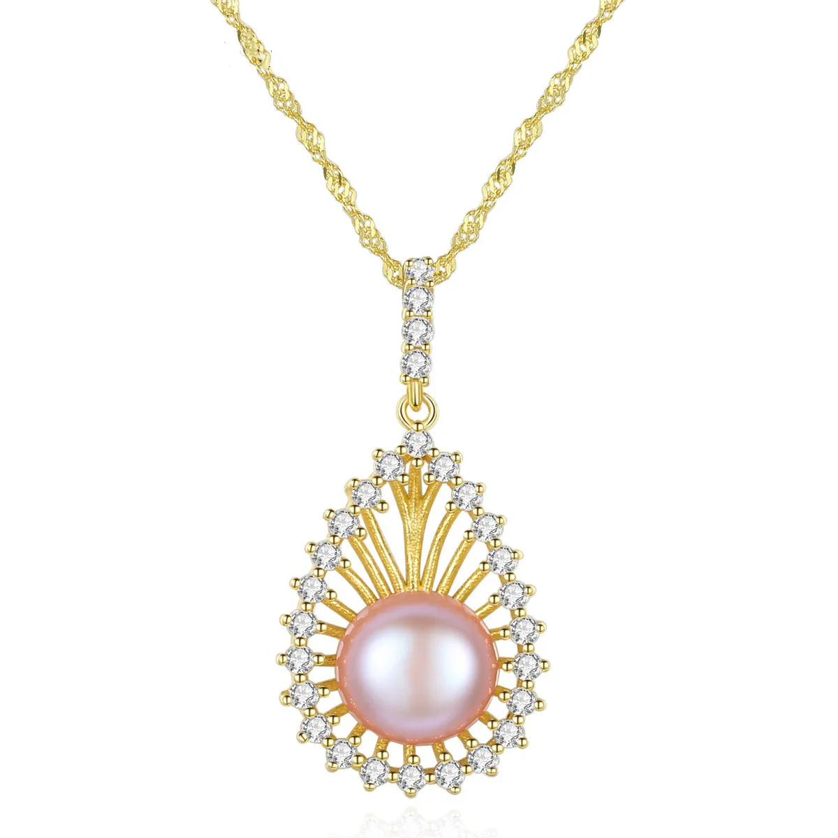 Wholesale 925 sterling silver gold plated drop-shaped silver chain inlaid natural pearl pendant necklace for women anniversary, Green/blue
Wholesale 925 sterling silver gold plated drop-shaped silver chain inlaid natural pearl pendant necklace for women anniversary, Green/blue