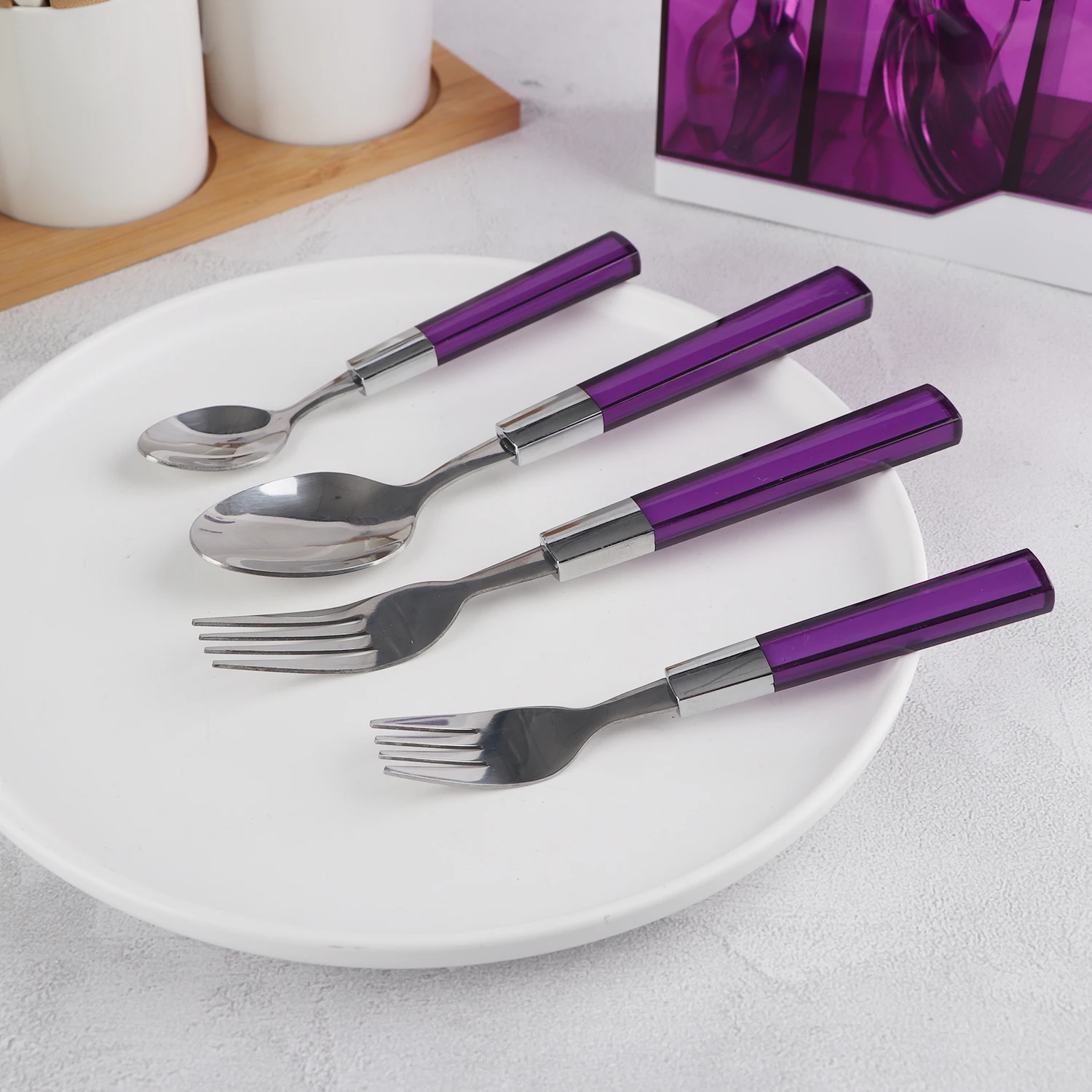 korean a variety of colored purple 24 pcs cutlery plastic handle stainless steel cutlery travel set with Cutlery rack
korean a variety of colored purple 24 pcs cutlery plastic handle stainless steel cutlery travel set with Cutlery rack