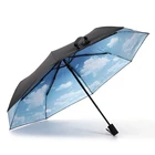 blue sky white cloudy pic printing inside black coating outside automatic 3 folding anti uv sun umbrella