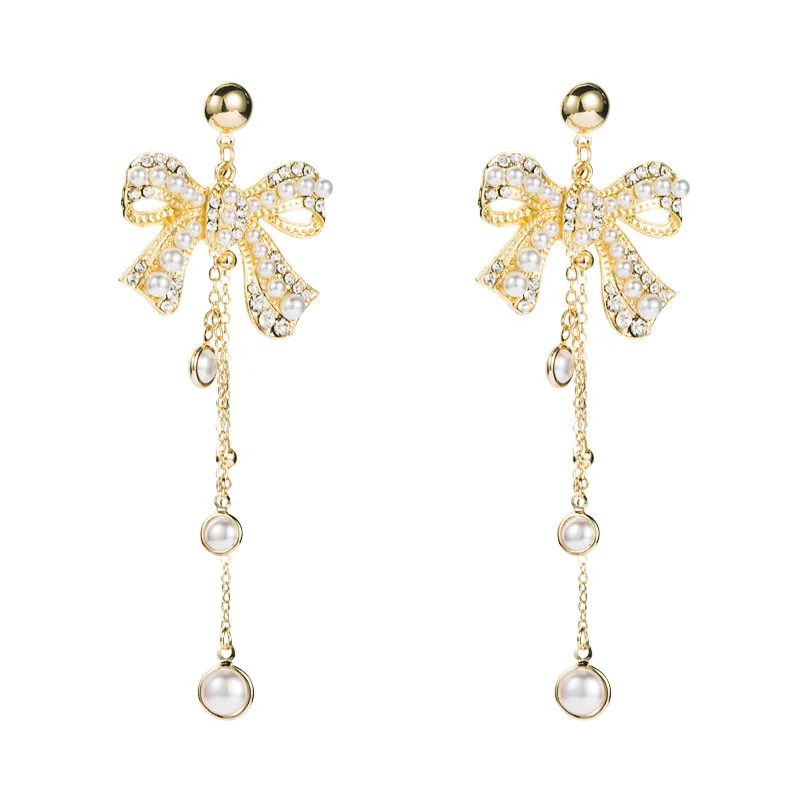 Korean net red fashion temperament S925 silver needle bow set with diamond pearl long tassel female Earrings
Korean net red fashion temperament S925 silver needle bow set with diamond pearl long tassel female Earrings