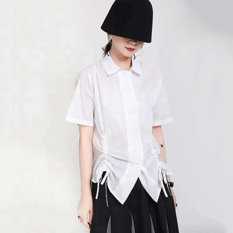 2021 New Double-breasted Summer Short Sleeve Button Up Shirts Blouse Hem Drawstring Women Shirt And Blouse, White/black
2021 New Double-breasted Summer Short Sleeve Button Up Shirts Blouse Hem Drawstring Women Shirt And Blouse, White/black