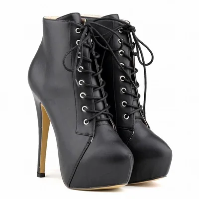 

14cm Ankle Riding Shoe Big Size 35-42 Womens Lace Up 4cm Platform Round Toe Lace Up Female High Heels Soft Leather Shoes