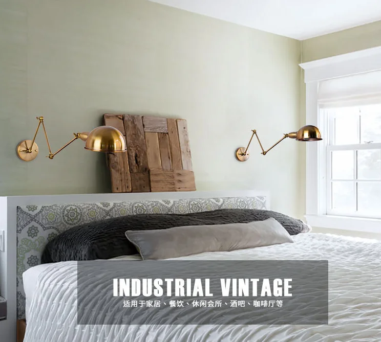 Industrial Retro Brass Wall Light Adjustable 1-Light Indoor Wall Sconce with Extendable Double Swing Arms