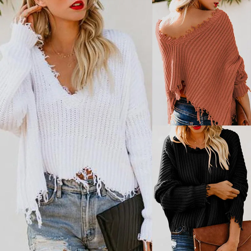 Women's Long Sleeve Tassel Ripped Pullover Knitted Solid Color V-neck Sexy Loose Sweater Tops, Customized color
Women's Long Sleeve Tassel Ripped Pullover Knitted Solid Color V-neck Sexy Loose Sweater Tops, Customized color