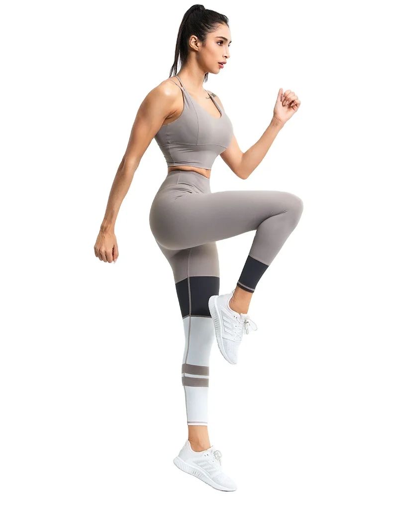 

2 pcs 2021Hot Color-blocking stripes Sport Suit Fitness Clothing Yoga Set Tracksuit Set For Women, Customized colors