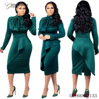 

YH-66862133 Wholesale sexy 2019 Hot sell Burgundy Peplum Style Long Sleeve Bow Tie Women Midi Dress Afeican clothing