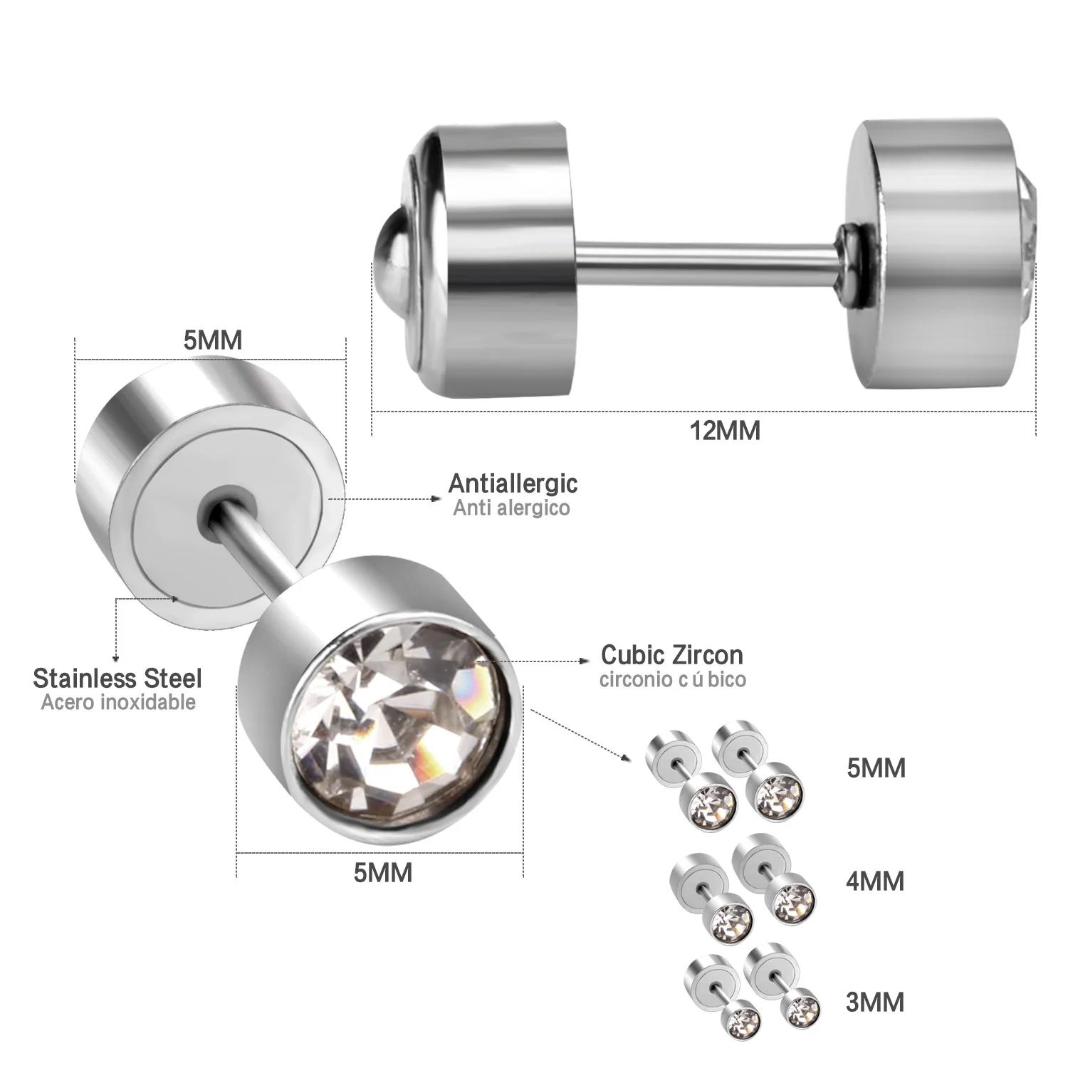 Fashion Jewelry Stainless Steel Silver Single CZ Stone Diamond 3-5mm Screw Stud Earring
Fashion Jewelry Stainless Steel Silver Single CZ Stone Diamond 3-5mm Screw Stud Earring