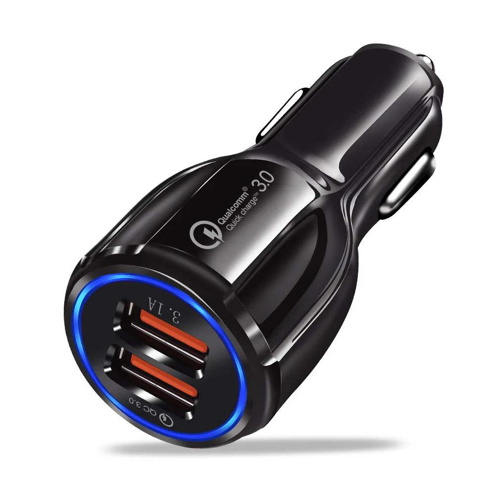 

CE/Rosh/FCC Car USB Charger Quick Charge QC3.0 QC2.0 Mobile Phone Charger 2 Port USB Fast Car Charger, Black / white