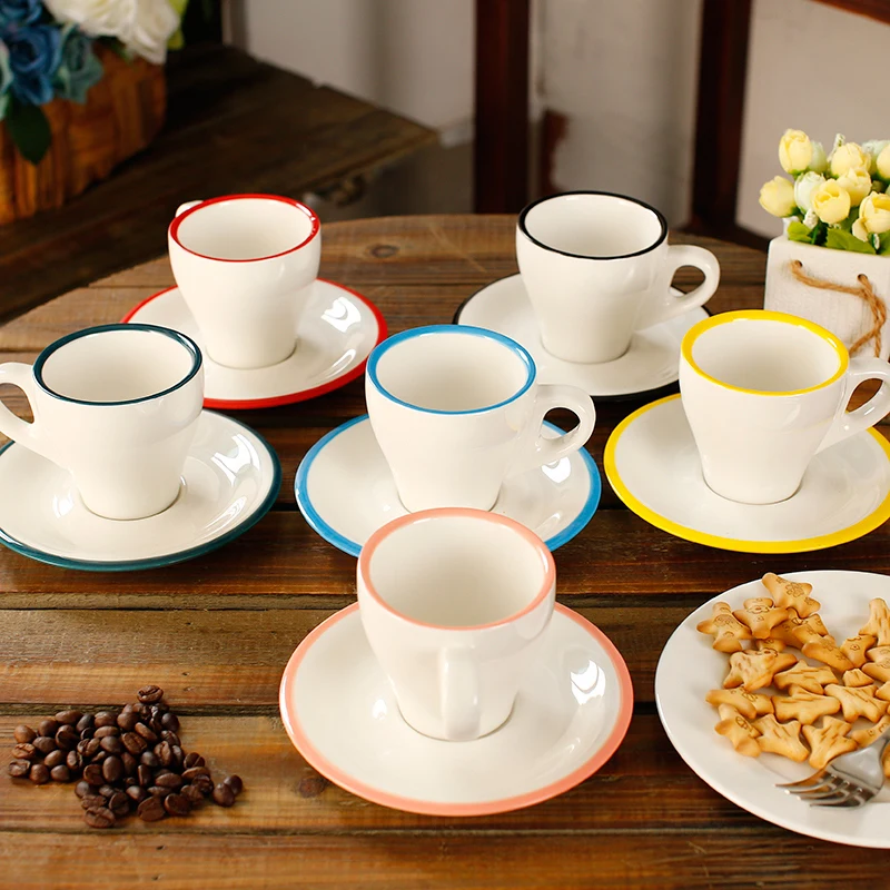 170ml Colorful Thick Body Color Edge for Cafe Tulip Shape Ceramic Coffee Cup and Saucer, Yellow/red/ green/blue/ black/ pink
170ml Colorful Thick Body Color Edge for Cafe Tulip Shape Ceramic Coffee Cup and Saucer, Yellow/red/ green/blue/ black/ pink
