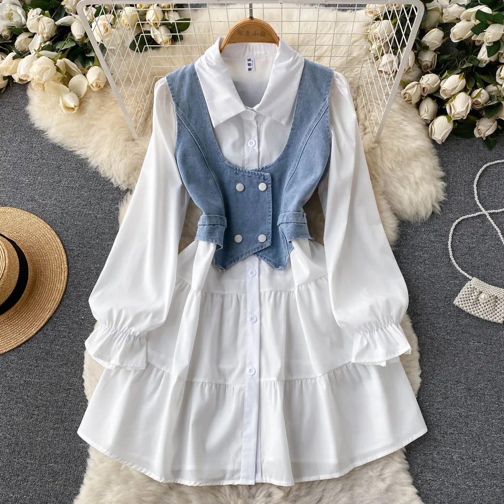 Wholesale 2023 Spring Elegant Temperament Luxury Style White Shirt Dress Short Denim Vest Women's Set
Wholesale 2023 Spring Elegant Temperament Luxury Style White Shirt Dress Short Denim Vest Women's Set