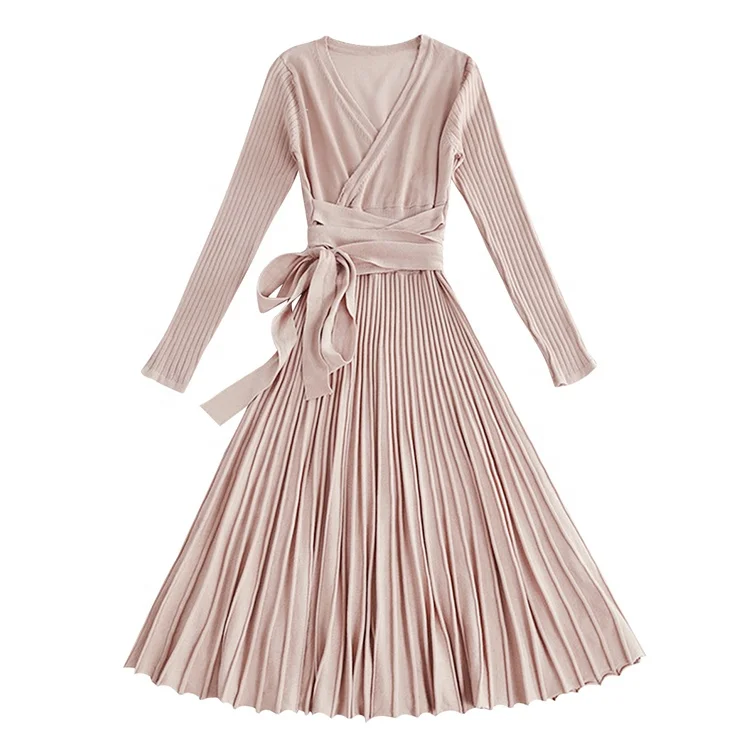 European and American slim women's dresses Autumn and winter new V-neck skirt Long sleeve lace-up pleated knitted dress, Khaki/black/purple/green
European and American slim women's dresses Autumn and winter new V-neck skirt Long sleeve lace-up pleated knitted dress, Khaki/black/purple/green