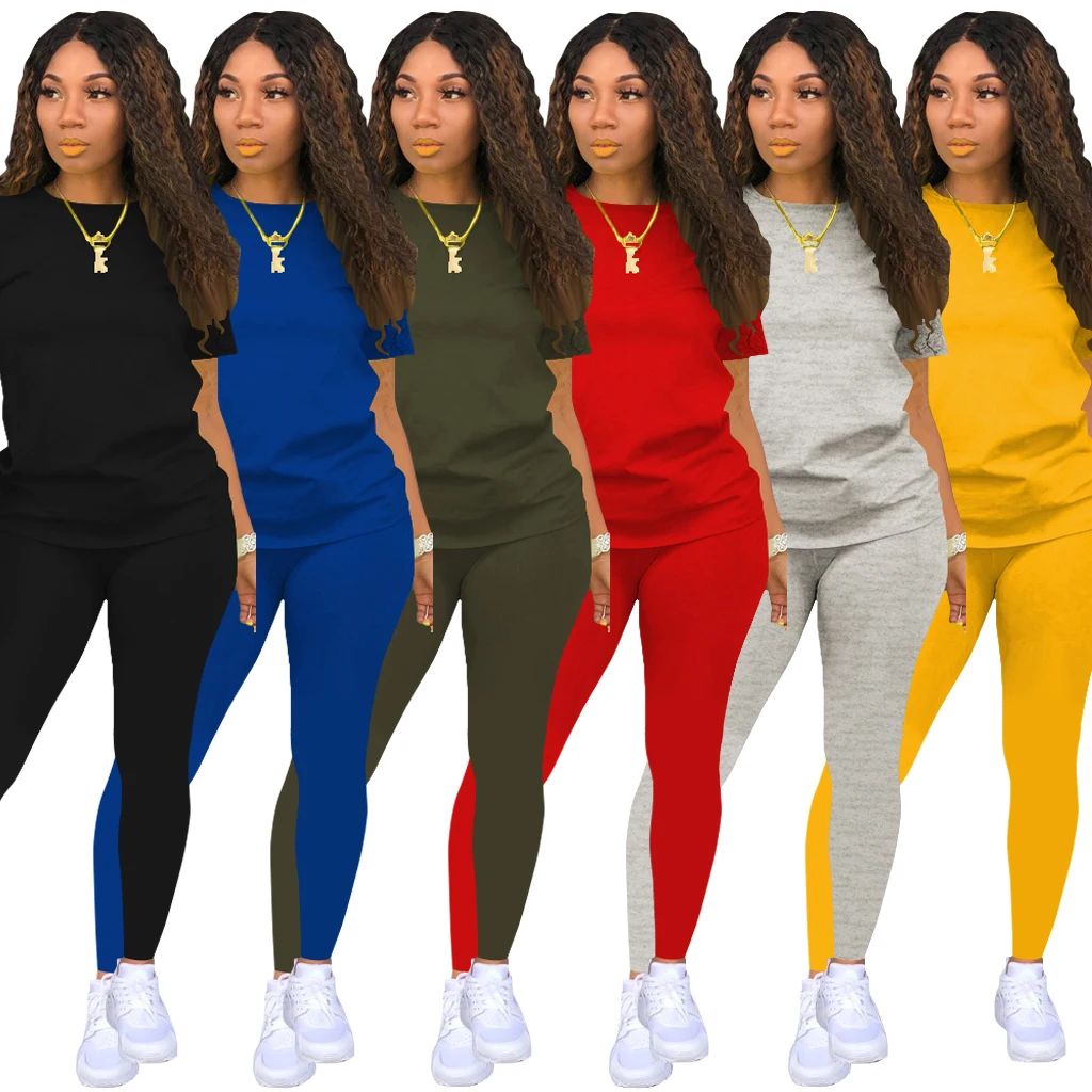 New women's solid color O-neck short-sleeved T-shirt top and tight trousers two-piece suit fashion womens sports twopieces set
New women's solid color O-neck short-sleeved T-shirt top and tight trousers two-piece suit fashion womens sports twopieces set
