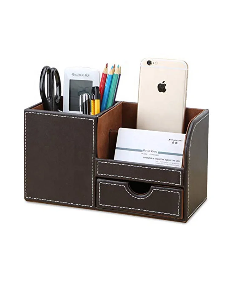 Handmade Cheap Black Faux Leather Desk Organizer With Drawers And