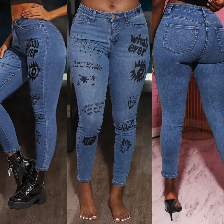 Fashion Printed Slim Hip Medium Waist Cotton Women Denim Jeans Pants Trousers Creative Graffiti Elastic Jeans Women, As pictures show
Fashion Printed Slim Hip Medium Waist Cotton Women Denim Jeans Pants Trousers Creative Graffiti Elastic Jeans Women, As pictures show