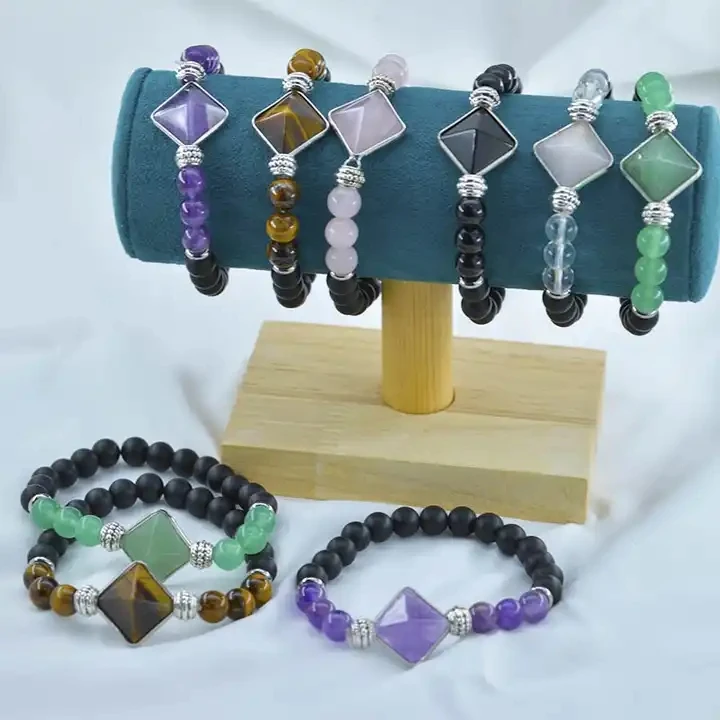 

CSJA Wholesale Natural Gemstone Bracelets Yoga Inspiration Amethyst 8mm Crystals Energy Stone Beads Pyramid Bracelet Women H141