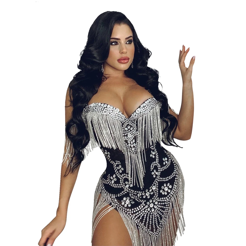 Women Birthday Celebrate Dress Costumes Rhinestones Fringes Mesh Sexy Bodysuit Plus Size Women'S Dresses, Customized color
Women Birthday Celebrate Dress Costumes Rhinestones Fringes Mesh Sexy Bodysuit Plus Size Women'S Dresses, Customized color