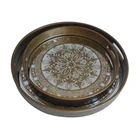 Gold foil mirror look big round shape storage tray plastic frame printing glass with handle tea tray