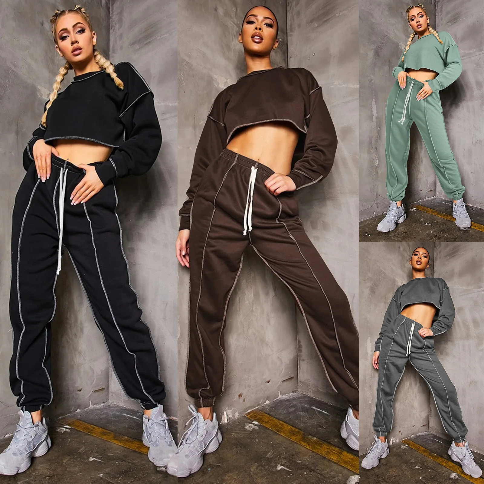 Wholesale Winter Seam Two Pieces Set Women Cropped Top Tracksuit Jogging Sweatpants Suit Jogging Sweat Suits, 4 colors
Wholesale Winter Seam Two Pieces Set Women Cropped Top Tracksuit Jogging Sweatpants Suit Jogging Sweat Suits, 4 colors