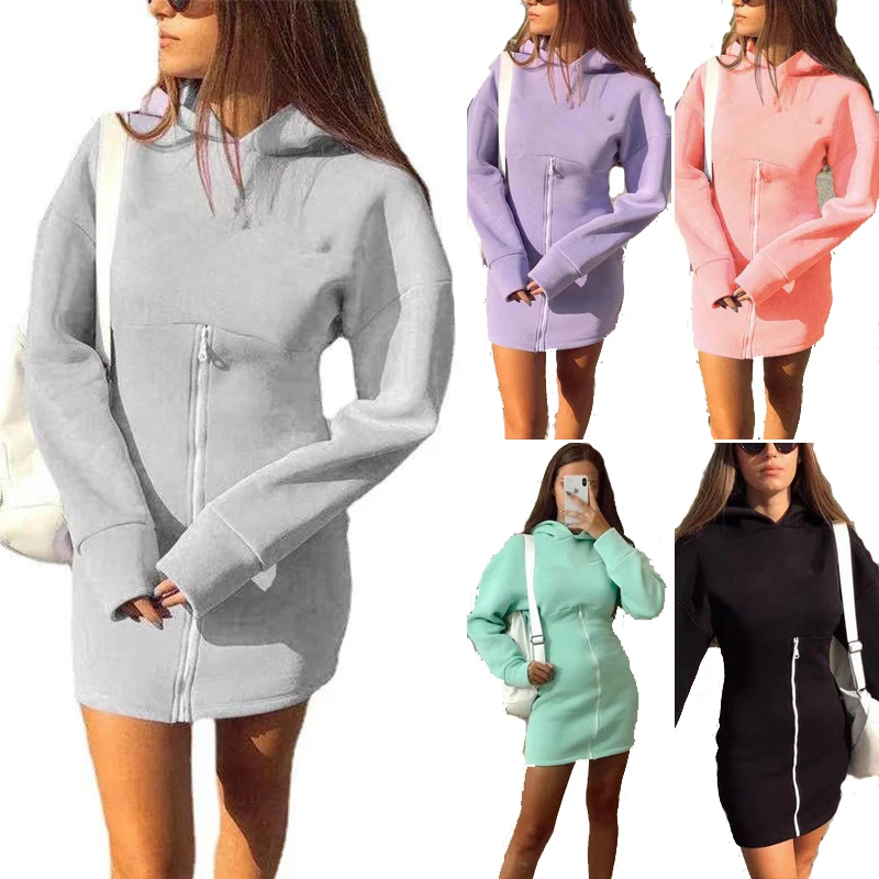 Custom LOGO Solid color long sleeve zipper hoodie dress with hood slimming fall 2021 women clothes sexy casual dresses, As picture
Custom LOGO Solid color long sleeve zipper hoodie dress with hood slimming fall 2021 women clothes sexy casual dresses, As picture