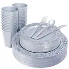 150pcs Solid Silver Lace Design Disposable Plastic Dinnerware Set