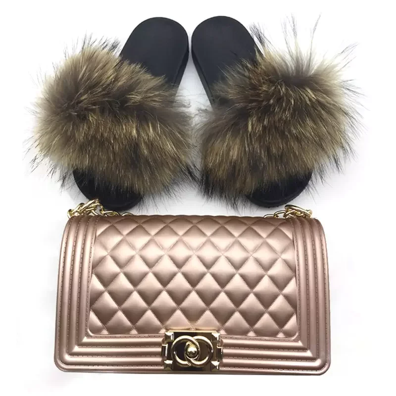 Factory wholesale pvc slides ladies raccoon fur slippers women soft real fox fur slides and handbags, Colorful
Factory wholesale pvc slides ladies raccoon fur slippers women soft real fox fur slides and handbags, Colorful
